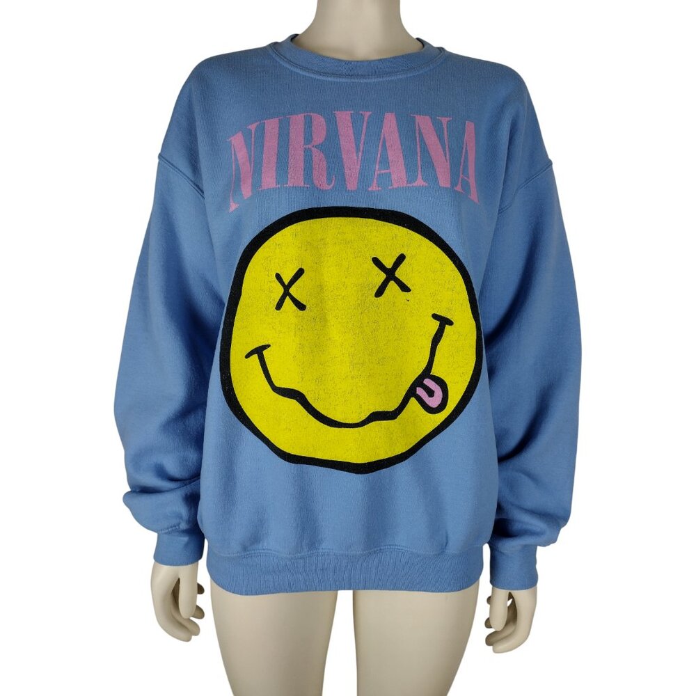 Gildan Blue Nirvana Smiley Face Band Logo Long Sleeve Sweatshirt Size M